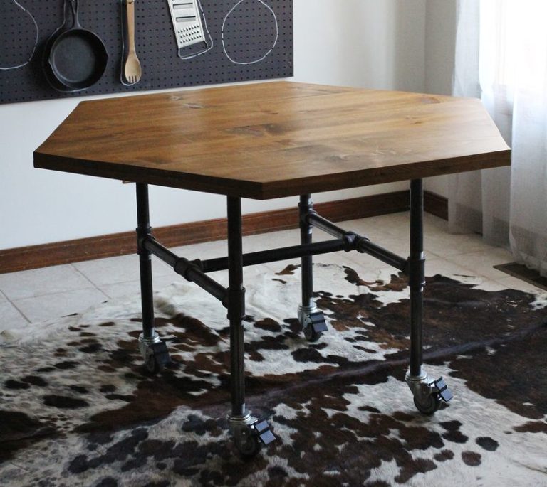 DIY hexagon table with industrial pipe legs.