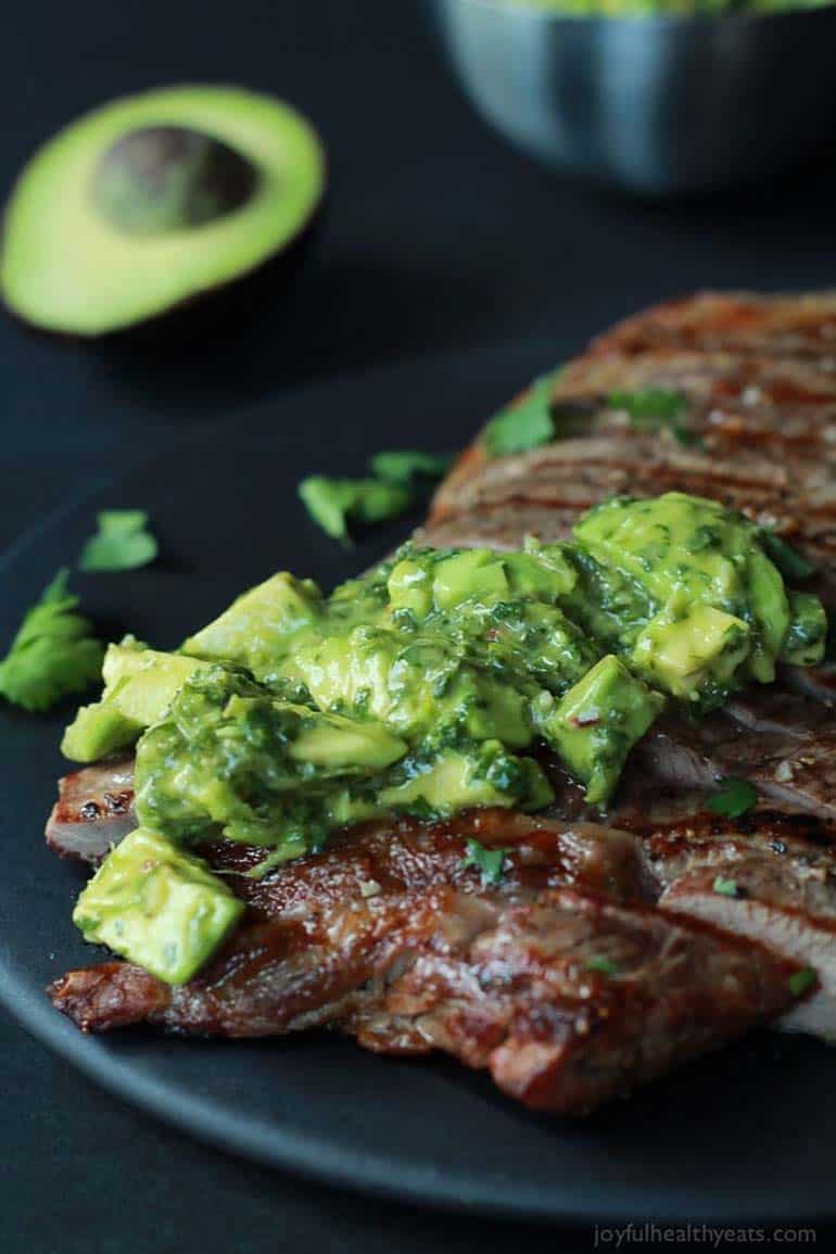 Grilled Flank Steak with Avocado Chimichurri.