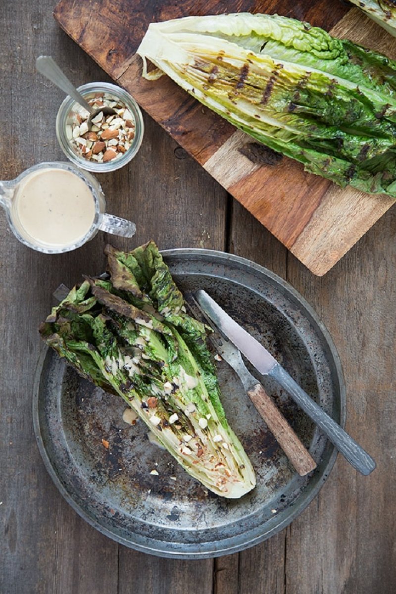 Grilled Romaine with Toasted Almonds and Caesar Dressing.