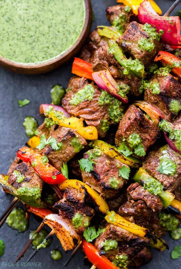 Steak Fajita Skewers with Cilantro Chimichurri.