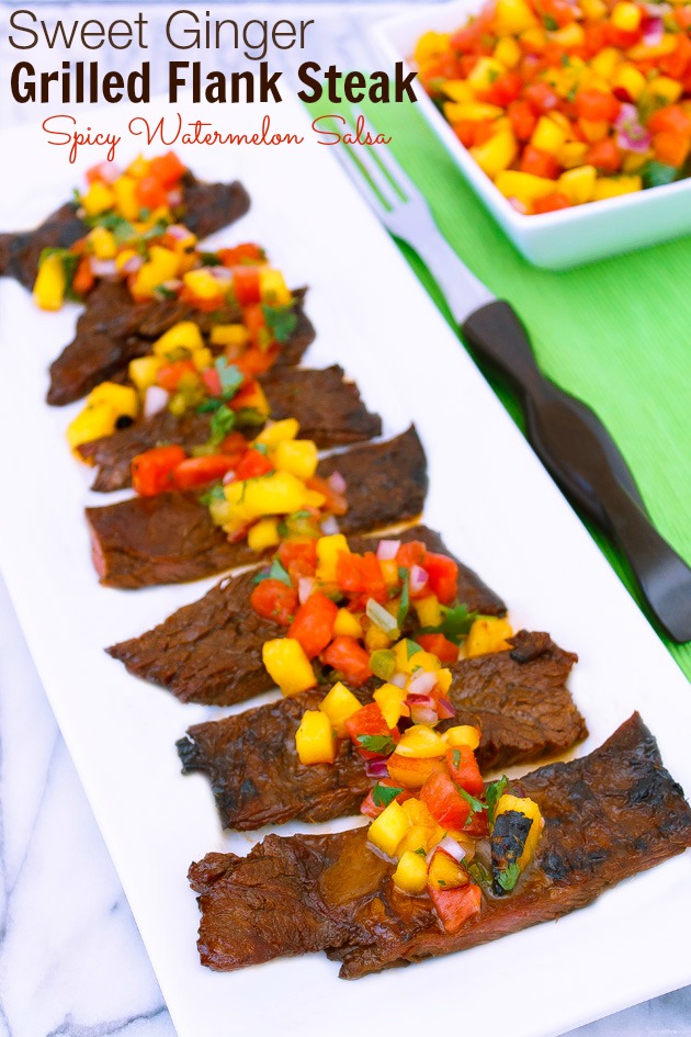 Sweet Ginger Grilled Flank Steak with Spicy Watermelon Salsa