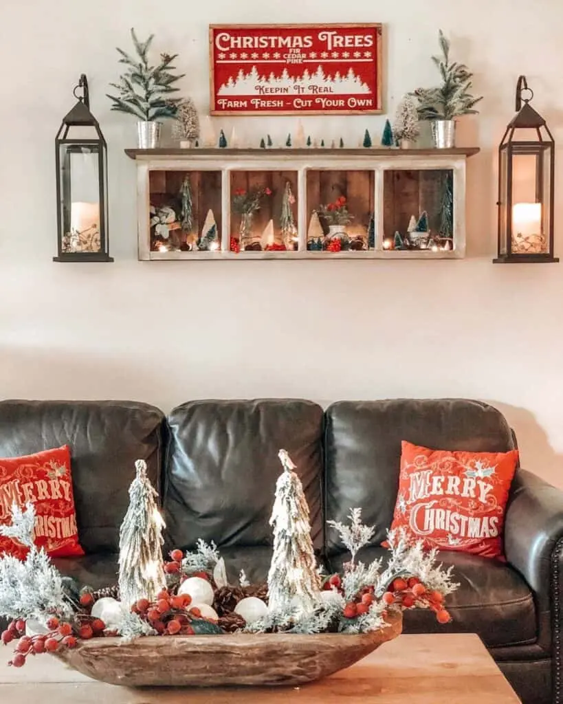 Wall Lanterns and Mini Christmas Trees for the Mantel