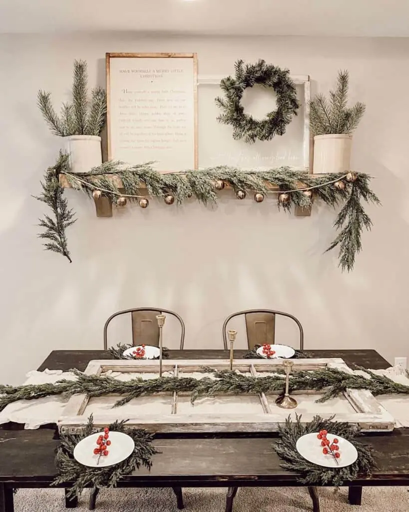 Wreaths, Garlands, and Potted Plants on a Wall Shelf