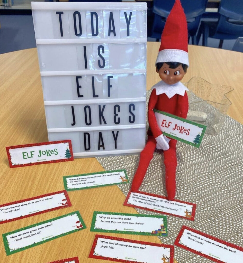 Elf Jokes Day with cutout elf themed jokes