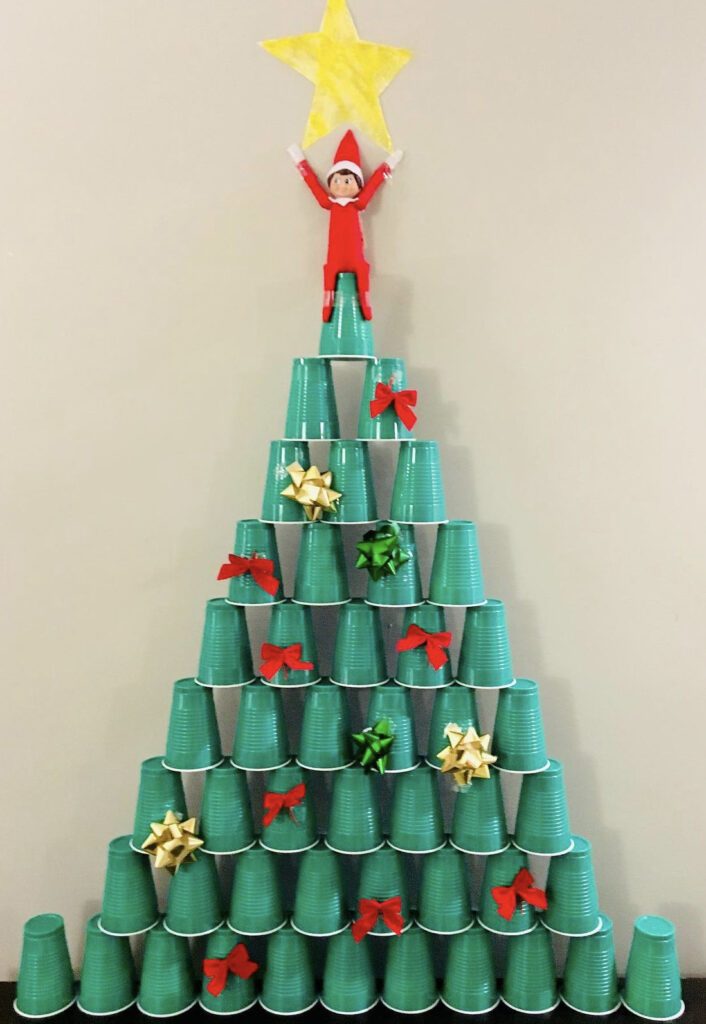 Elf made their own Christmas Tree with Solo Cups