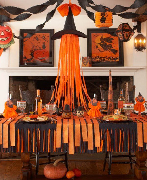 Orange and black crepe paper halloween decor