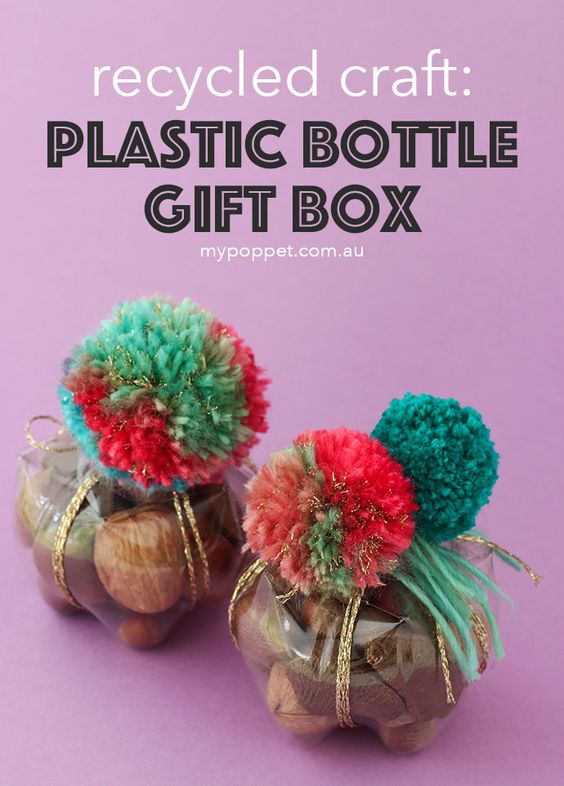 Recycled plastic bottle gift box decorated with pom-pom
