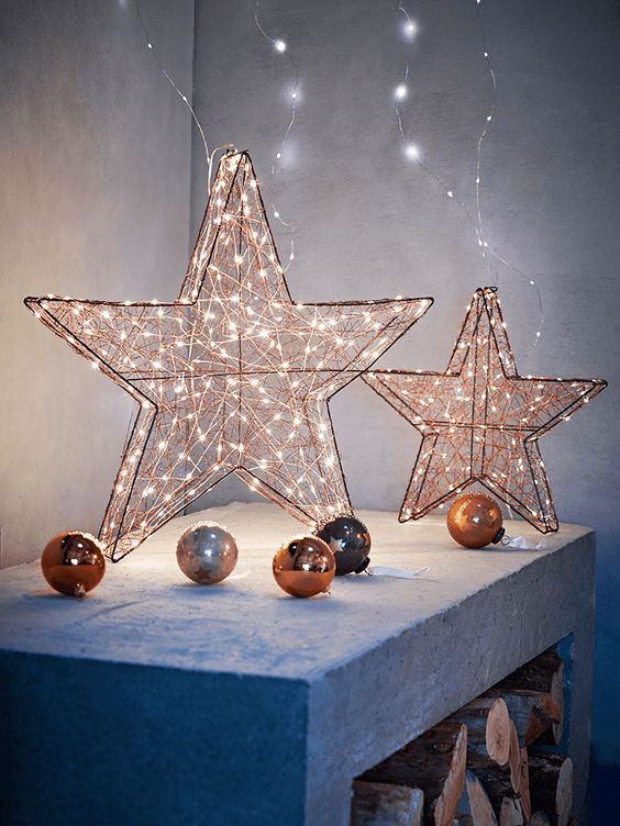 Amazing copper lit-up stars for indoor and outdoor decorations. 