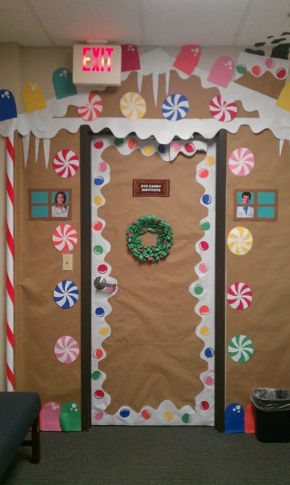 An amazing idea is to decorate the door with gingerbread. 