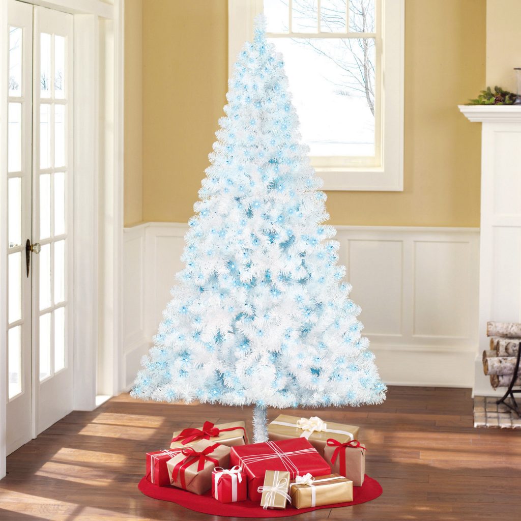 Beautiful sky blue Christmas tree with LED lights.