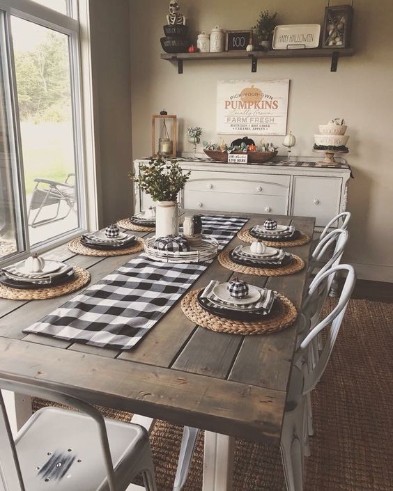 Black and white theme rustic Christmas dining space decor.