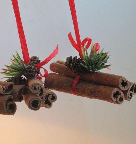 Chic cinnamon sticks hung with pinecone and ribbon