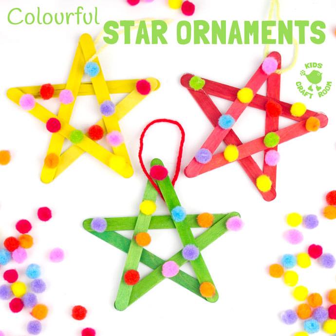 Colorful popsicle stick star ornaments decorated with pom pom