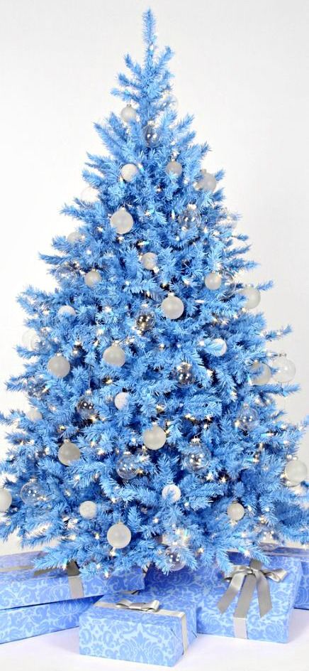 Exclusive powder blue Christmas tree decorated with transparent, white, and blue ornaments