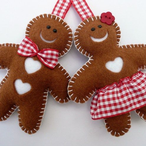 Felt gingerbread Christmas tree ornaments.