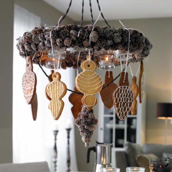 Gingerbread cookies decorated on chandelier.