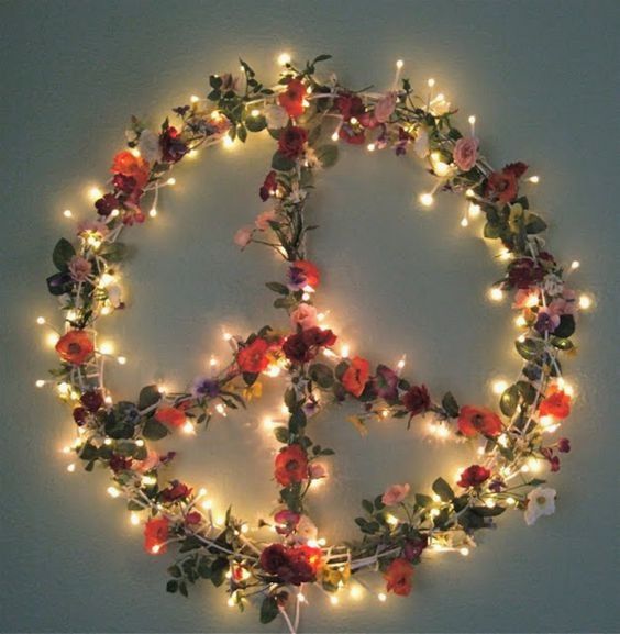 Hippie floral peace sign Christmas wreath.