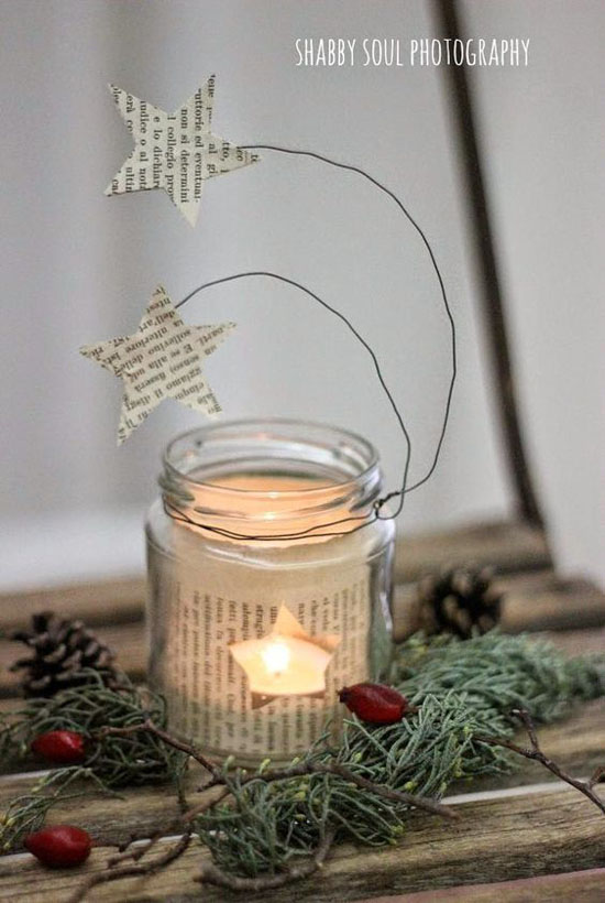 A peanut butter bottle and newspaper were used for this lantern.