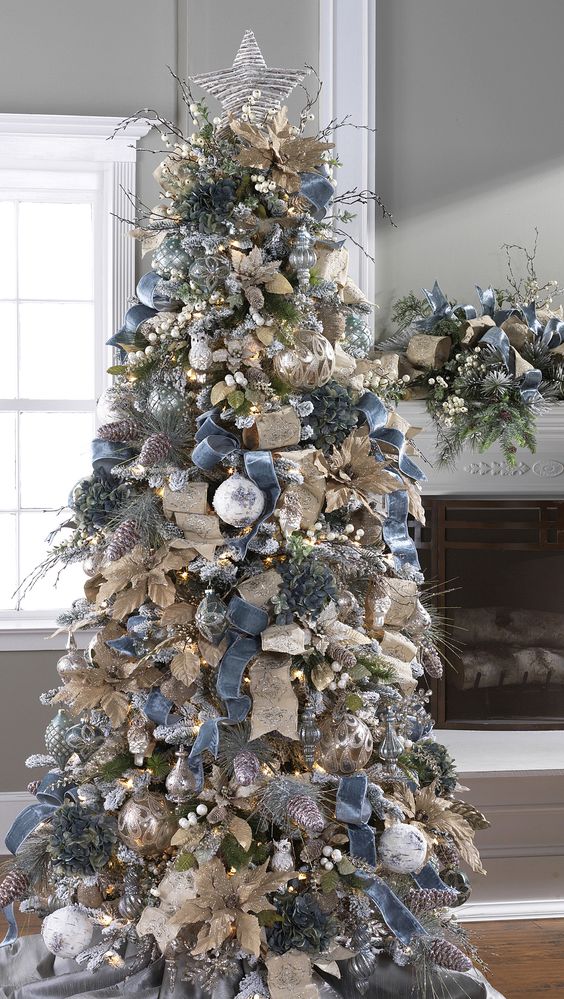 Perfect winter decor with gold, silver, and blue.