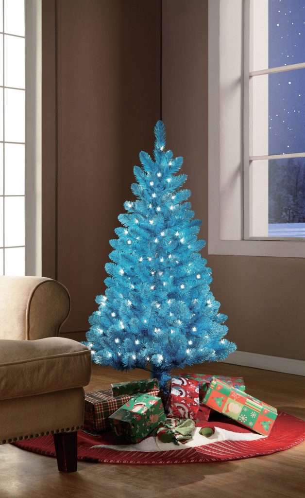 A pretty blue Christmas tree illuminated with lights