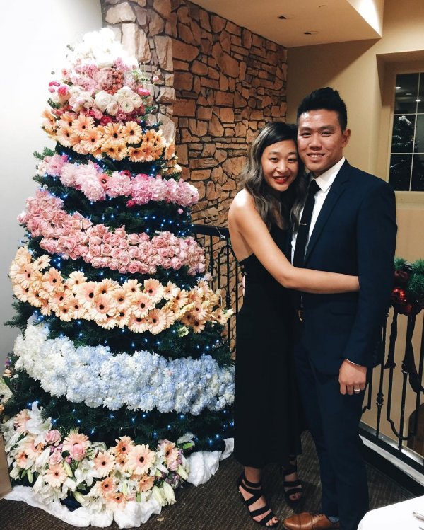 Rocking floral Christmas tree decorated with different layers of flowers