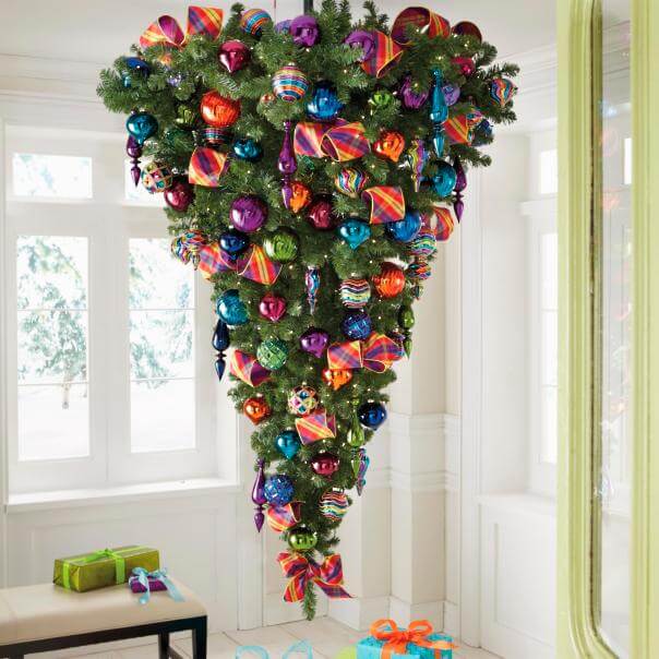 Stunning upside-down Christmas tree with colorful ornaments.