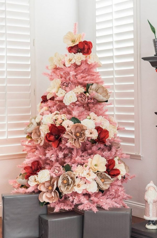 Tabletop tree decorated with lots of flowers