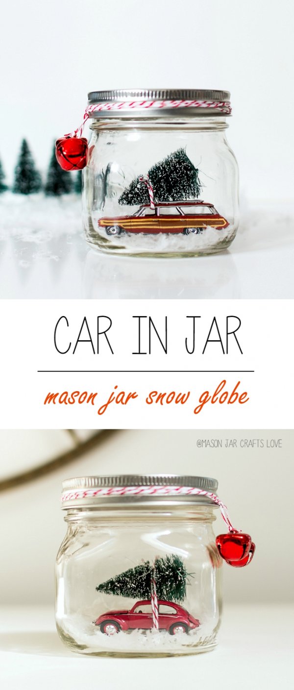 Beautiful idea to put the car in a jar and tie it with a jingle bell.