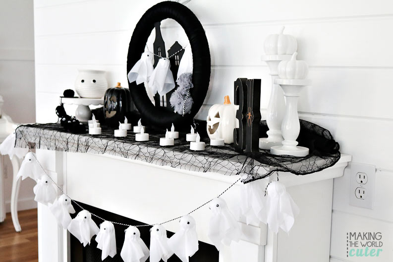 Black and white Halloween mantel decor