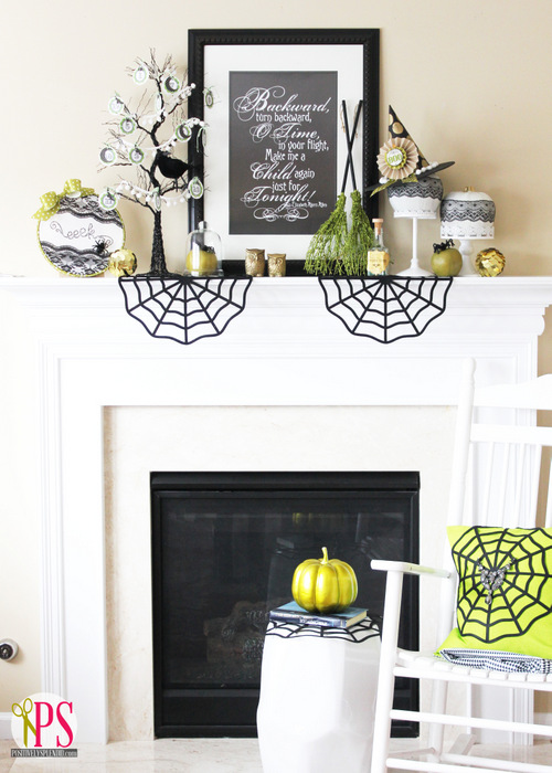 Classic Halloween mantel decor with a pop of neon