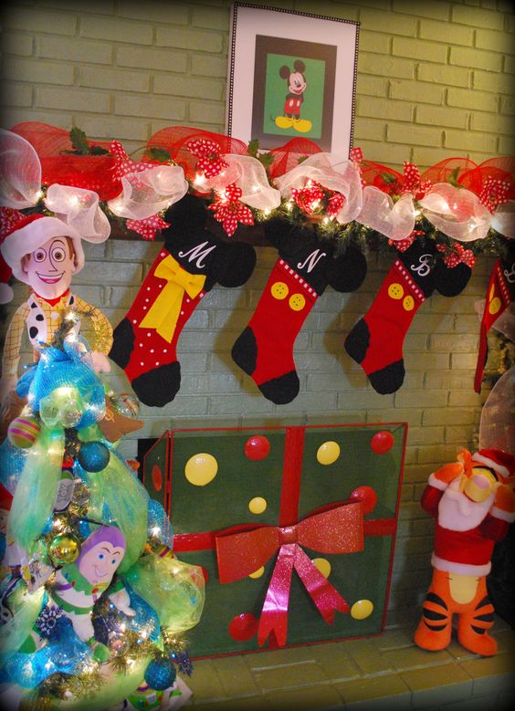 DIY Mickey Mouse red stocking on the mantel. 