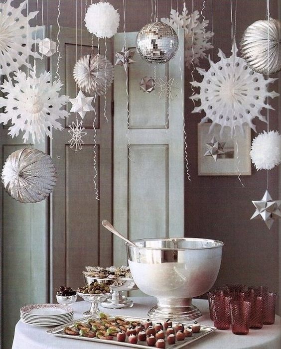 DIY silver and white Christmas party decoration idea