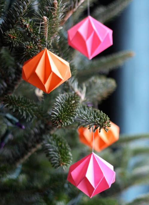 Diamond-shaped paper ornaments.