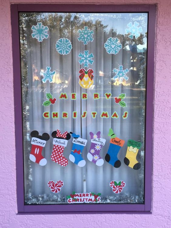 Disney theme Christmas window decoration idea. 