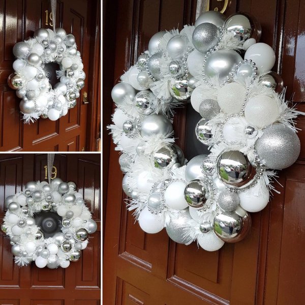 Graceful silver, white and grey balls Christmas wreath. 