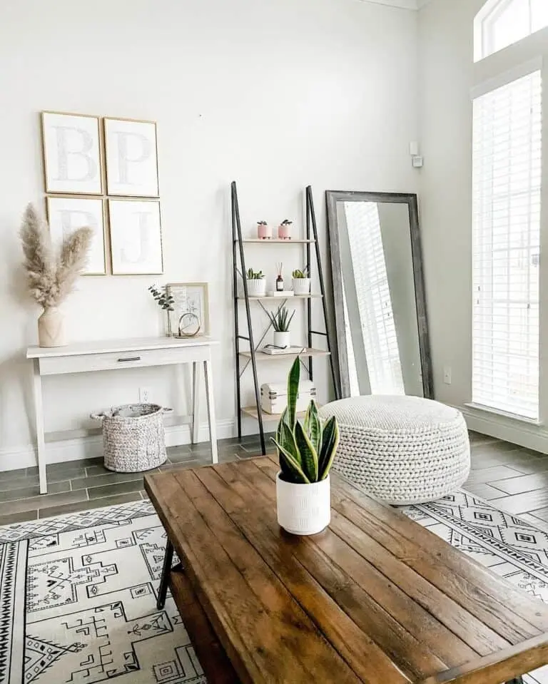 Living Room With Gray Wood Frame Floor Mirror