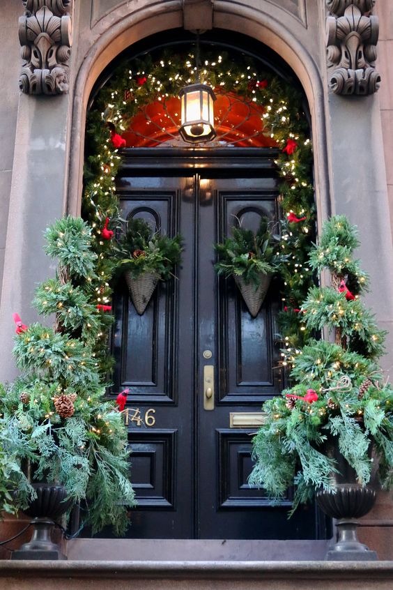 Nature inspired porch decoration with lights