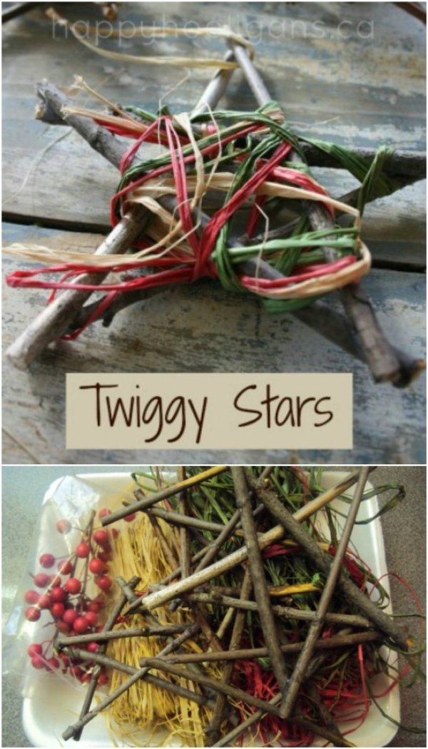 Recycled twig Christmas stars for home decor