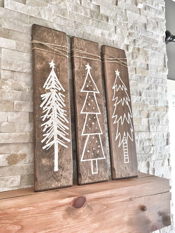 Rustic white Christmas tree sign for mantel decoration