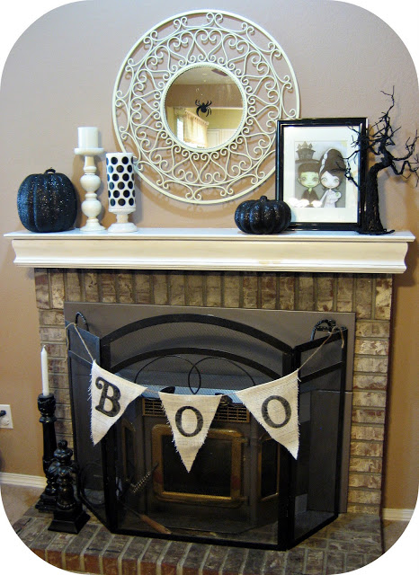 Simple BOO Halloween mantel decor