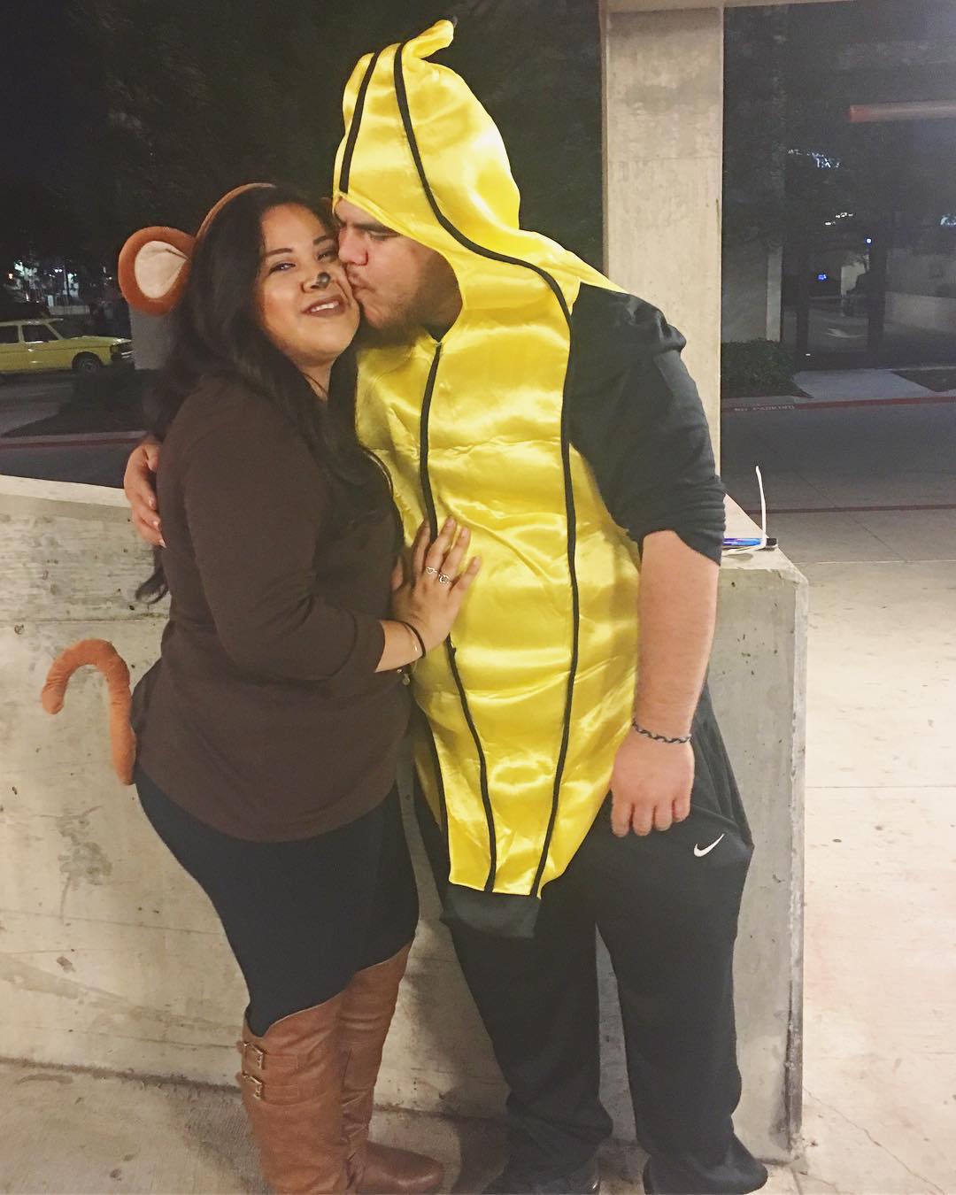 Monkey and banana Halloween couple costume.