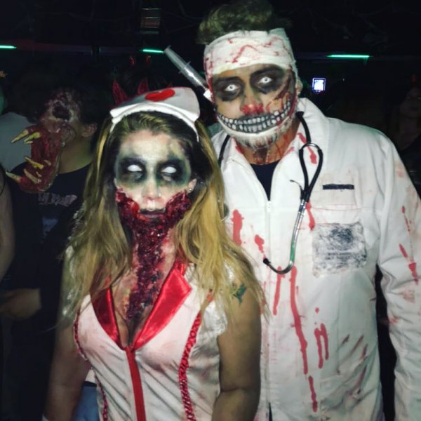 Rocking zombie doctor and nurse couple costume.