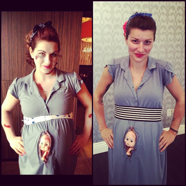 Twin sisters with pregnancy Halloween costumes.