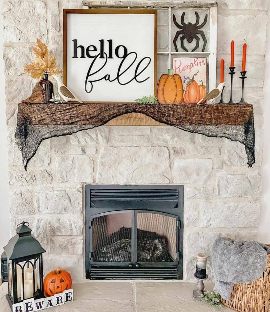 Halloween Décor Around a Stone Fireplace