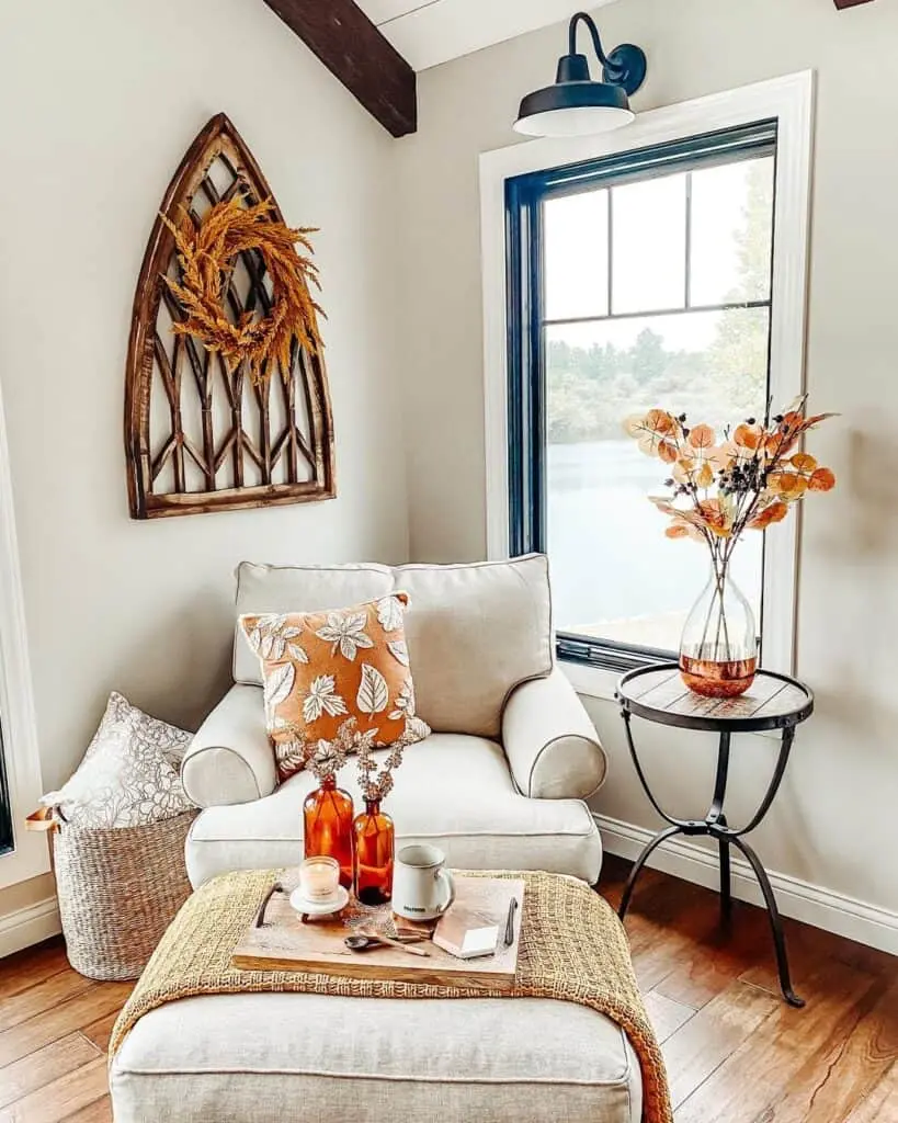 Reading Nook with Fall Wreath and Floral Arrangements